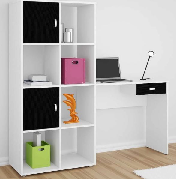 VİTAL Kitaplıklı Çalışma Masası Gövde Beyaz Kapak Siyah Suntalam